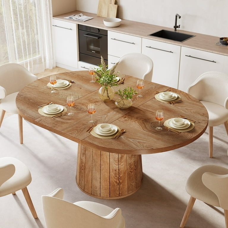 Oval Dining Table Cylindrical Slatted Pedestal Base Light Wood Grain