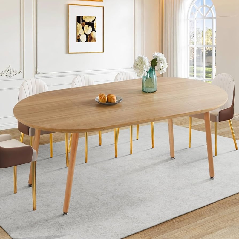 Oval Dining Table Extendable Light Wood Tapered Splayed Legs Minimalist