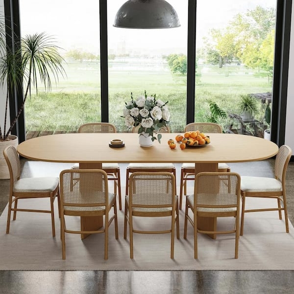 Oval Dining Table Light Wood Double Pedestal Seats 8 Organic Modern