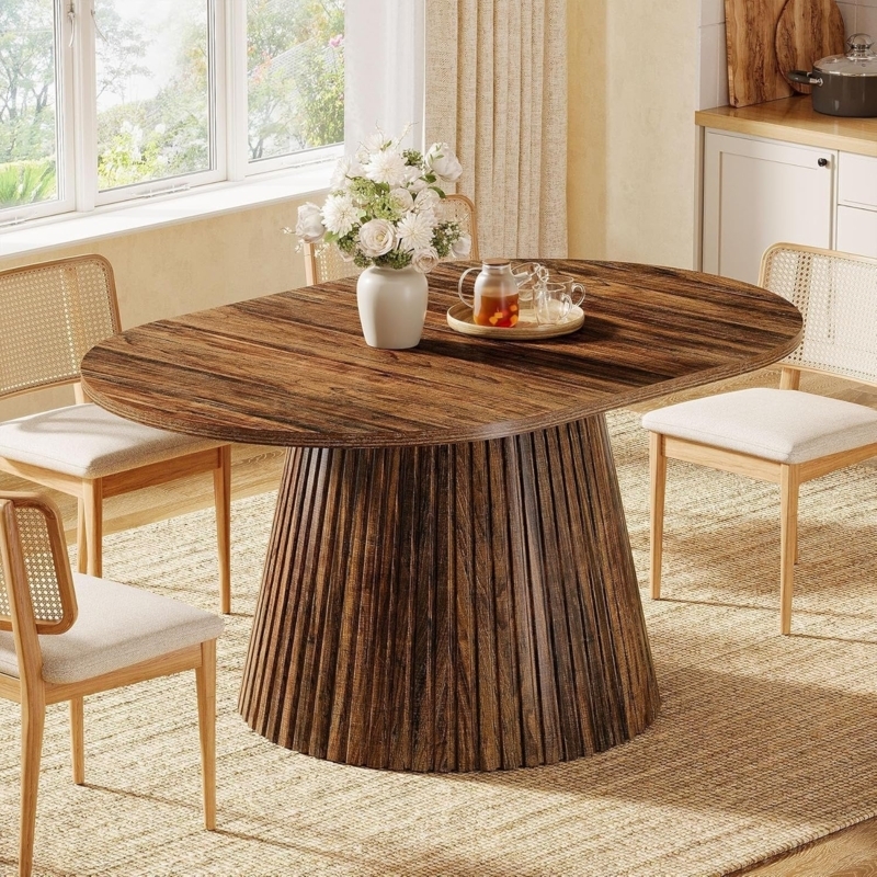 Oval Dining Table Modern Organic Fluted Pedestal Wood Base