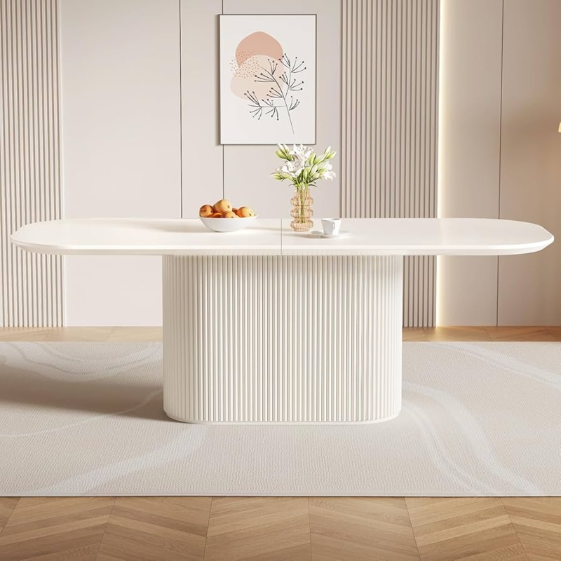 Oval Dining Table Monochromatic White Ribbed Stone-Like Base Contemporary