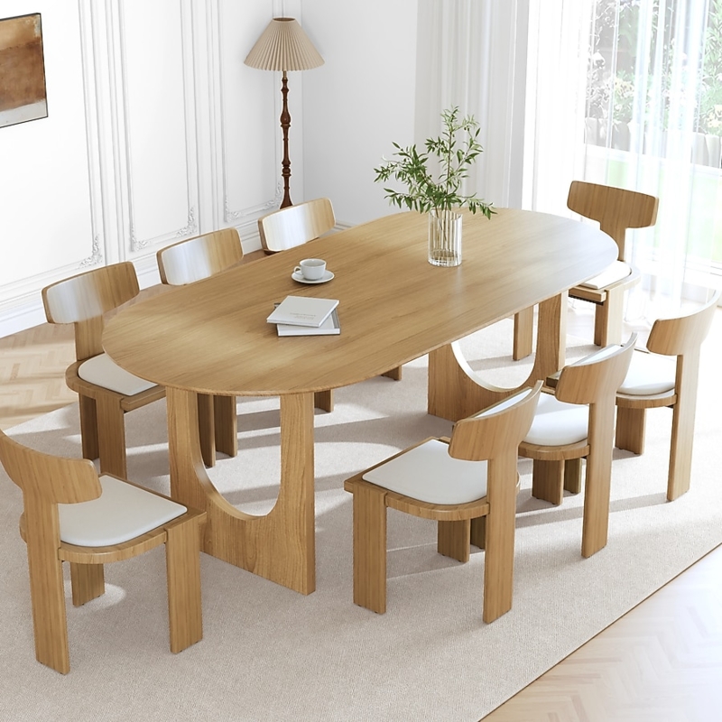 Oval Dining Table Natural Wood Ribbed Pedestal Japandi Style