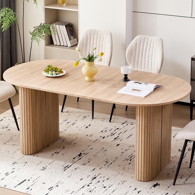 Oval Dining Table Ribbed Pedestal Legs Natural Wood Scandinavian
