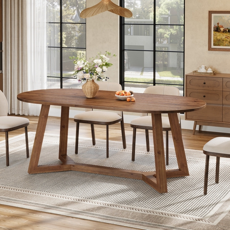 Oval Dining Table Rustic Brown Trestle Base Angled Tapered Legs