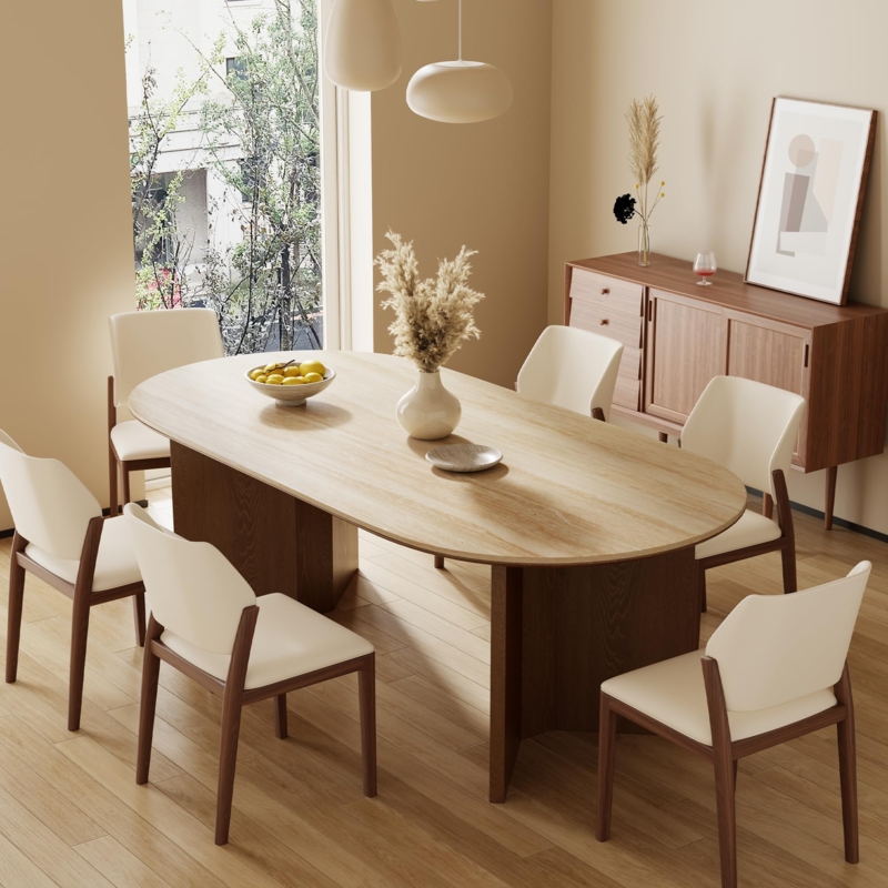 Oval Dining Table Stone Top Walnut Dual Pedestal Base Mid-Century