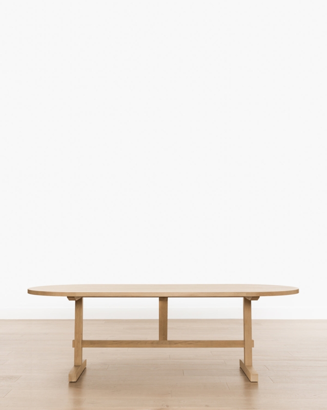 Oval Dining Table Trestle Base with Horizontal Stretcher Light Wood
