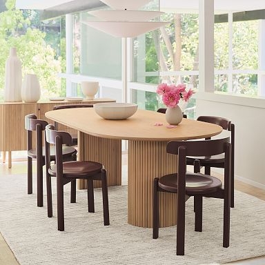 Oval Dining Table Two-Tone Wood Ribbed Pedestal Base Set