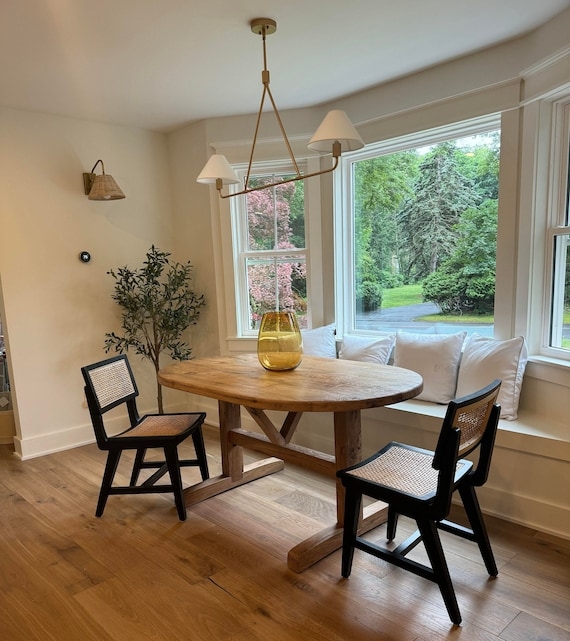 Oval Dining Table V-Shaped Trestle Base Rustic Wood Japandi Nook