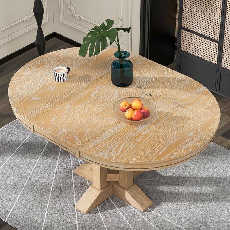 Oval Dining Table Whitewashed Wood Grain Cross Pedestal Base