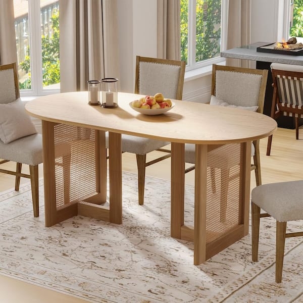 Oval Dining Table with Cane Inset Double Pedestal Base Light Oak