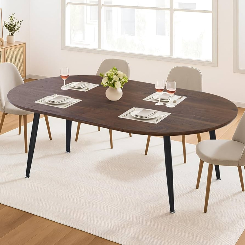 Oval Extendable Dining Table Dark Wood Black Tapered Legs Minimalist