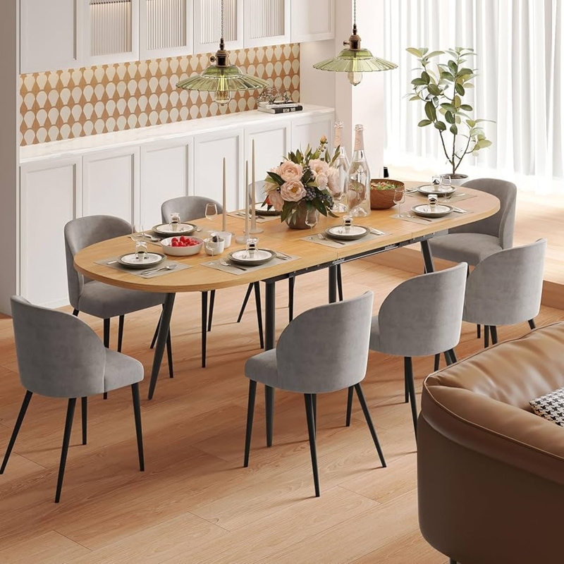 Oval Extendable Dining Table Natural Wood Black Tapered Metal Legs