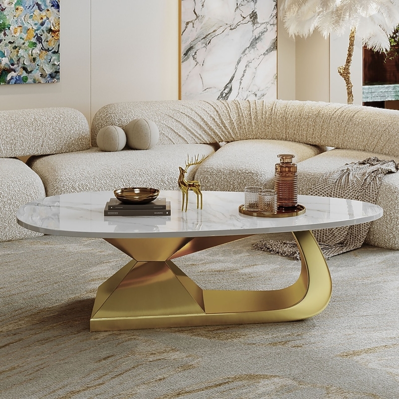 Oval Faux Marble Coffee Table featuring Sculptural Ribbon Base Design