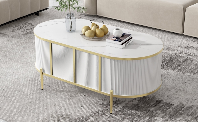Oval Fluted Coffee Table Stone Pattern Top Brushed Metal Trim Cabinets