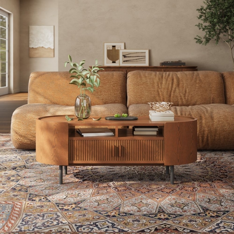 Oval Fluted Coffee Table with Walnut Finish and Slim Legs