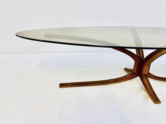 Oval Glass Coffee Table with Branching Bronze Sculptural Base