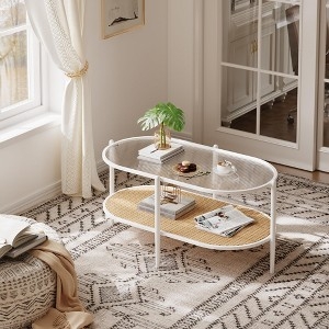 Oval Glass Coffee Table with Rattan Lower Tier and White Frame