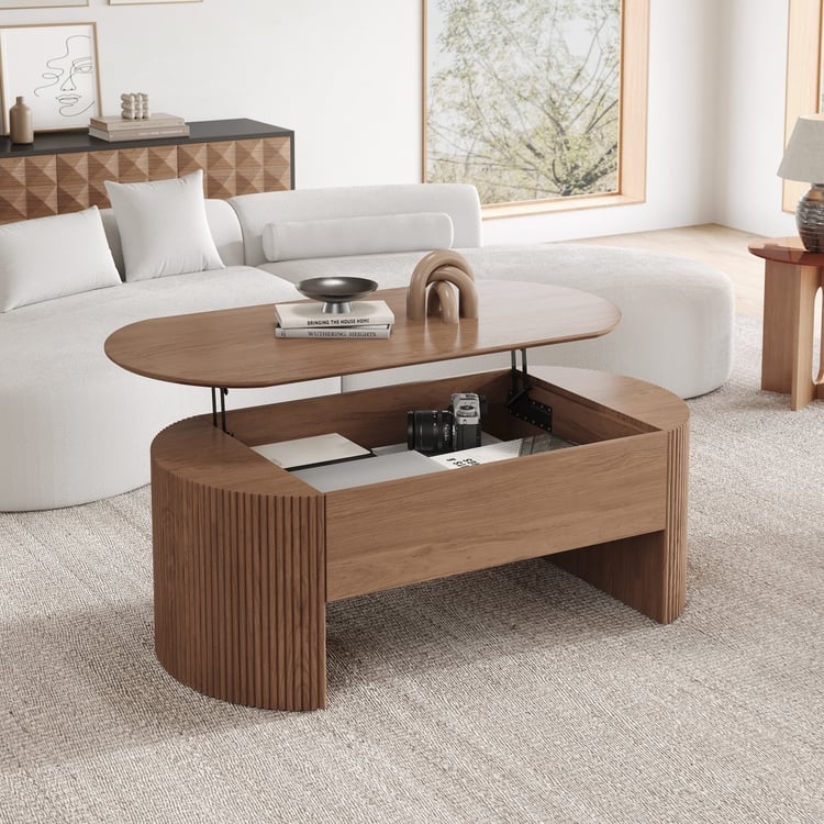 Oval Lift Top Coffee Table with Ribbed Base and Hidden Storage