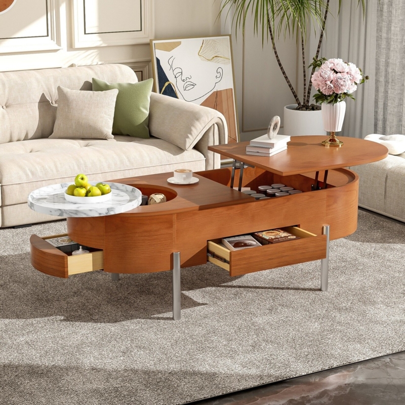Oval Lift Top Coffee Table with Rotating Marble Tray and Storage Drawers