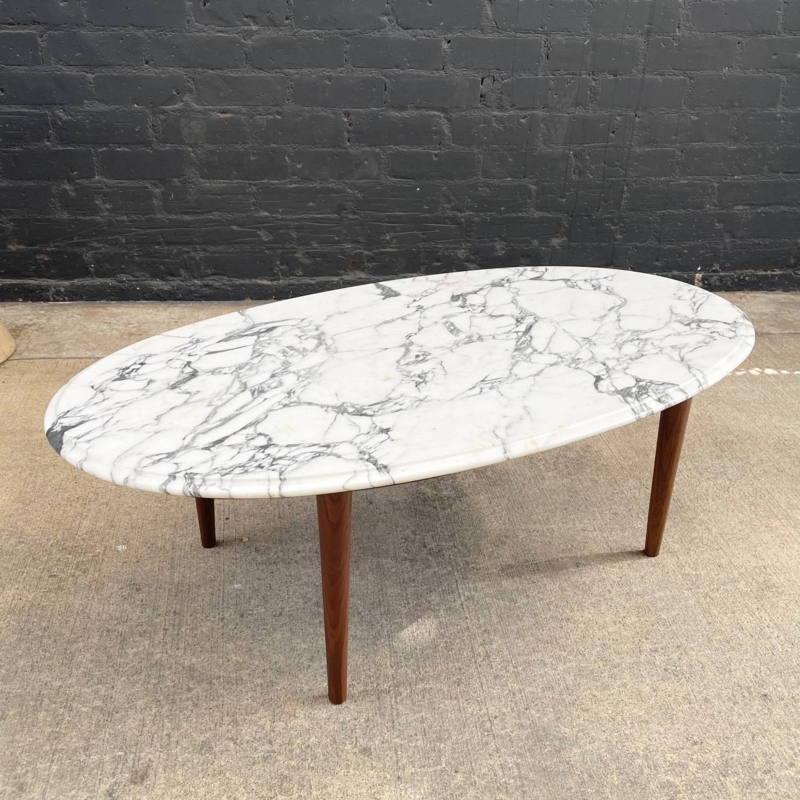 Oval Marble Coffee Table with Tapered Wood Tripod Base