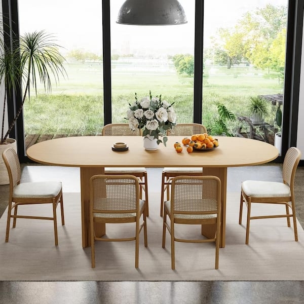 Oval Oak Dining Table, Modern Ribbed Black Pedestal Base