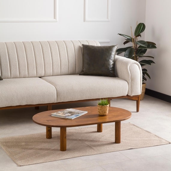 Oval Pill Shape Coffee Table, Walnut Wood Tone, Cylindrical Legs Design