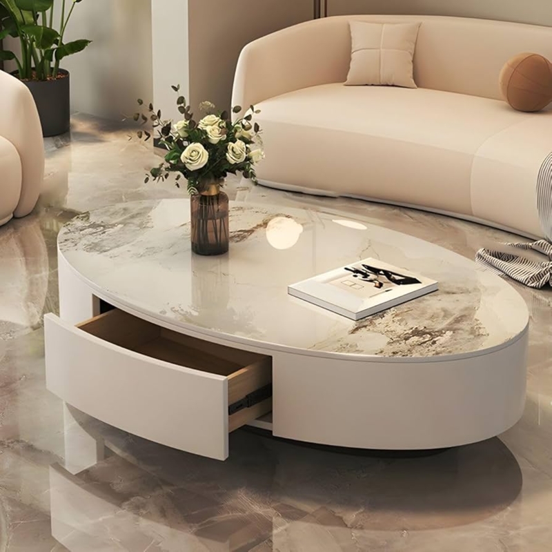 Oval Stone Coffee Table White Glossy Base Integrated Drawer