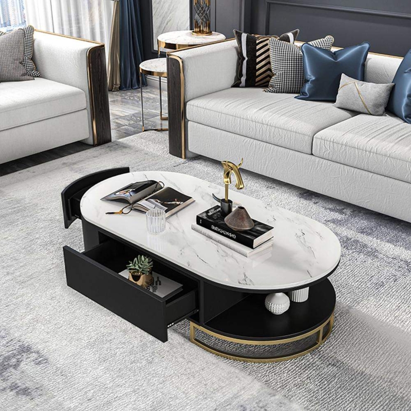 Oval Stone Top Coffee Table Black Base Gold Trim Drawers
