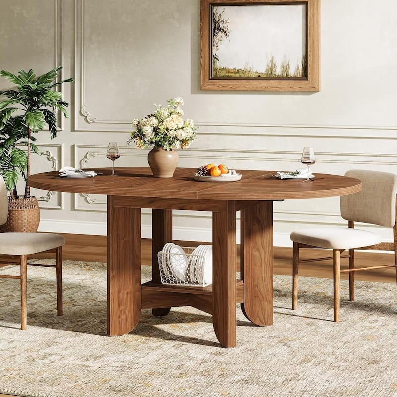 Oval Walnut Dining Table Curved Pedestal Legs Storage Shelf Modern