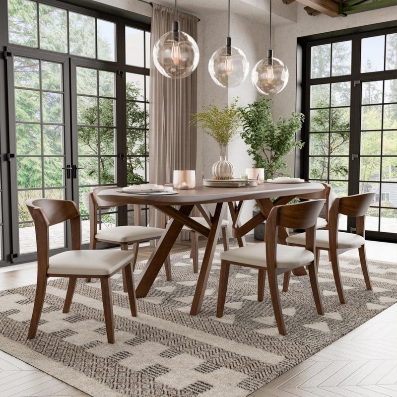 Oval Walnut Dining Table Set Sculptural X-Base Mid-Century Chairs