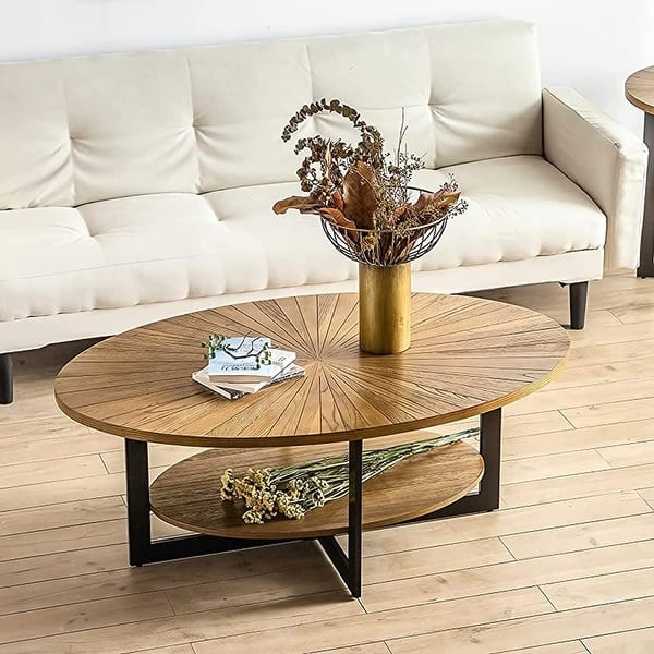 Oval Wood Coffee Table featuring Radial Sunburst Pattern and Shelf