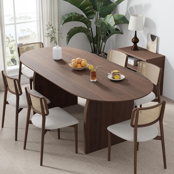 Oval Wood Dining Table Set with Double Pedestal and Cane Back Chairs