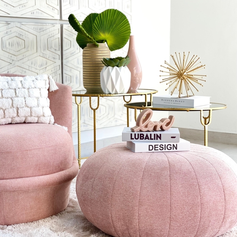 Oversized Pink Velvet Pouf with Piped Edge Detail