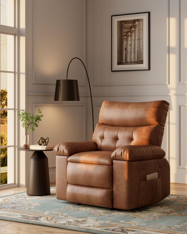 Oversized Recliner Chair Tufted Back Cognac Leather Side Pocket