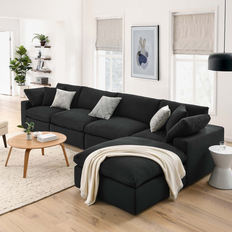 Overstuffed Modular Sectional Sofa in Black with Deep Seats