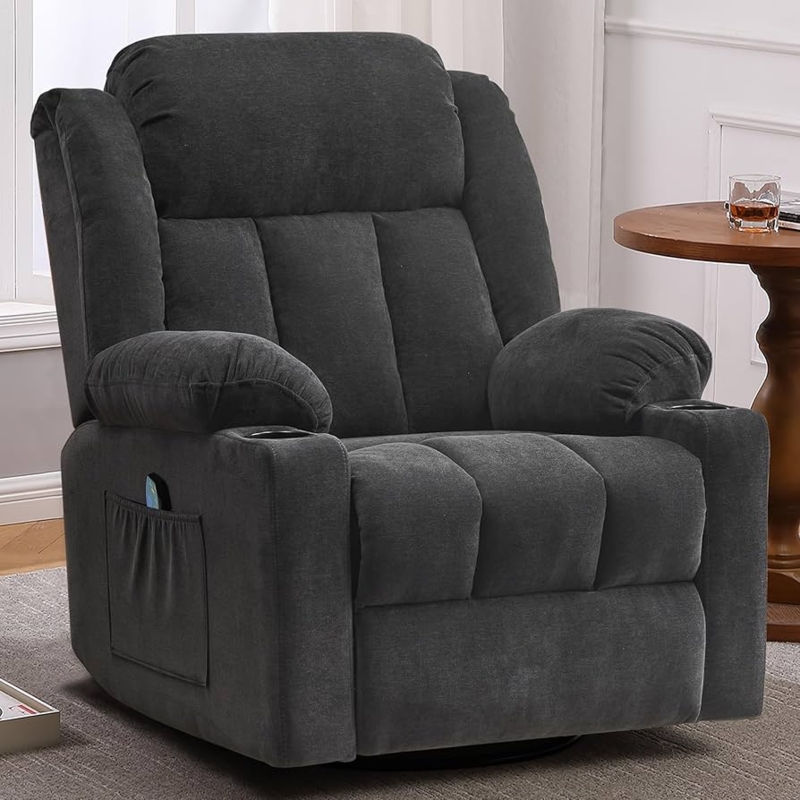 Overstuffed Swivel Rocker Recliner Charcoal Grey Fabric Cup Holders