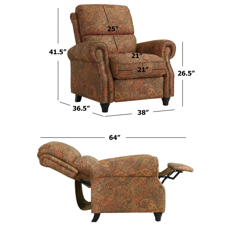 Paisley Pattern Push Back Recliner in Terracotta with Nailhead Trim