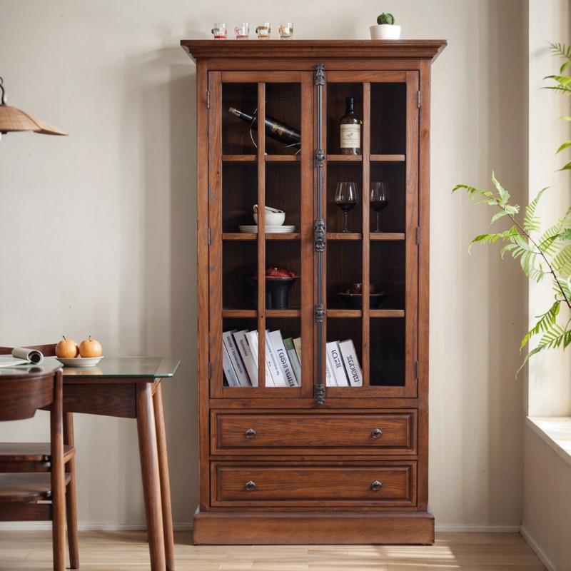 Pantry Cabinet Tall Walnut Wood Cremone Bolt Hardware Glass Doors
