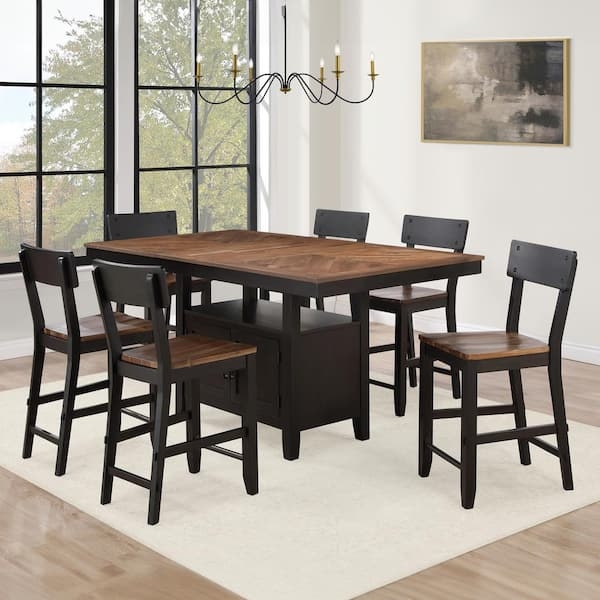 Parquetry Top Dining Table Set Storage Base Black and Wood
