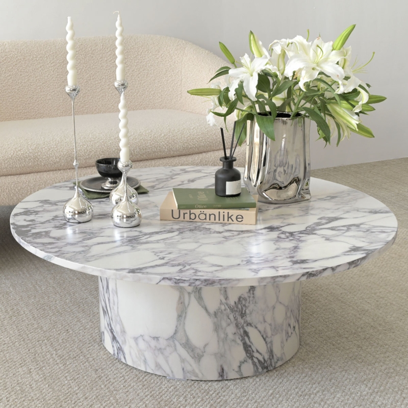 Pedestal Coffee Table with Ribbed Wood Base and Faux Marble Top