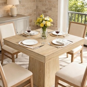 Pedestal Dining Table Light Wood Finish Modern Farmhouse Square