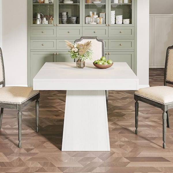 Pedestal Dining Table Matte White Square Nailhead Trim Chairs