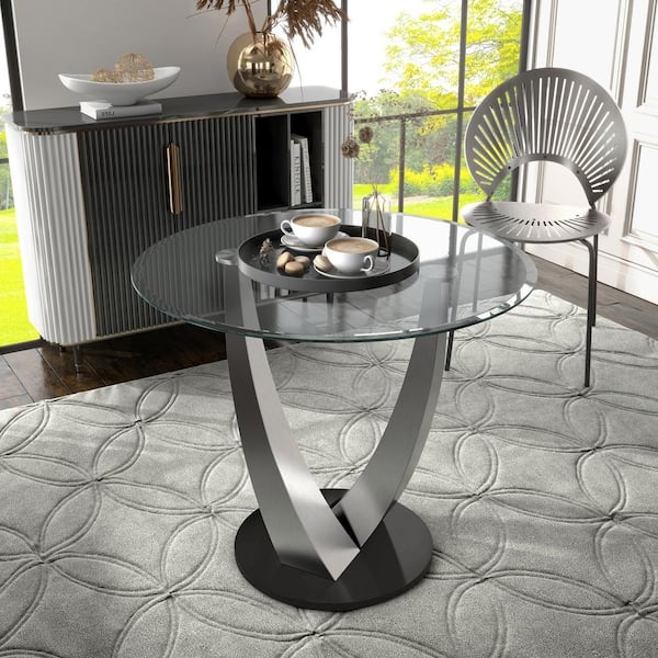 Pedestal Dining Table with Sculptural Silver V-Shaped Base and Glass
