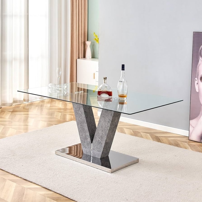 Pedestal Dining Table with V-Shaped Stone-Look Base and Glass Top