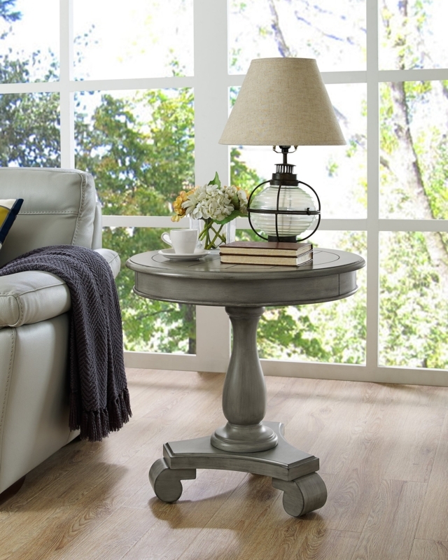 Pedestal Side Table Round Distressed Gray with Scrolled Tripod Feet