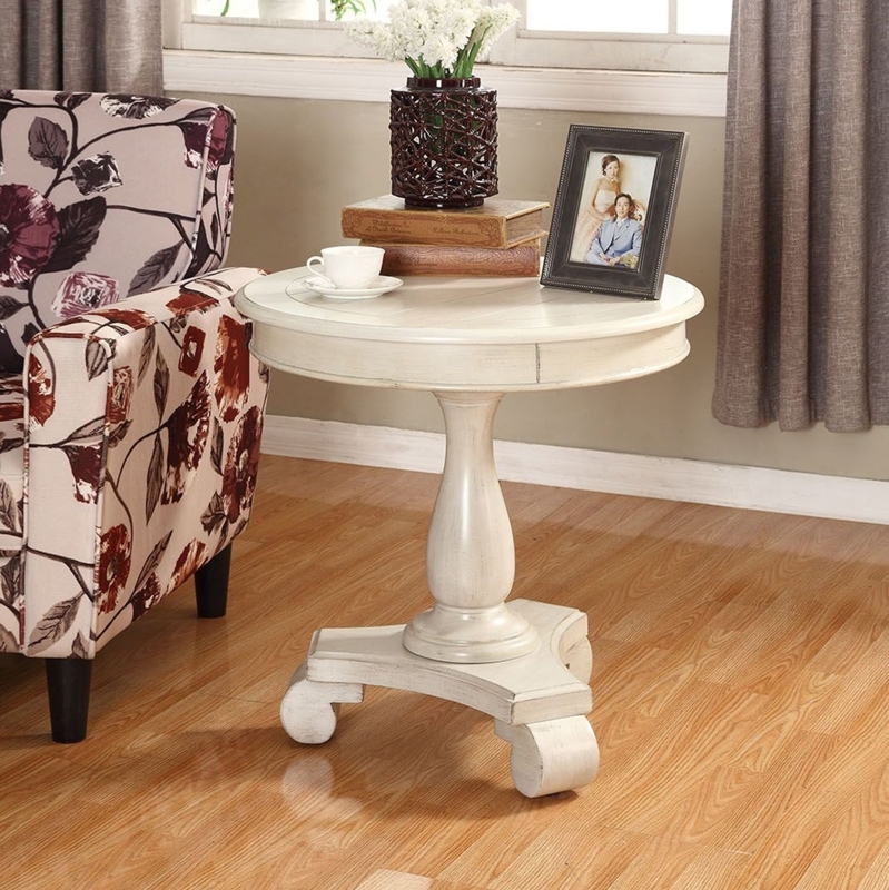 Pedestal Side Table, Scrolled Feet, Distressed Antique White Finish