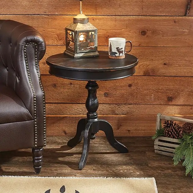 Pedestal Table Distressed Black Finish Turned Tripod Base