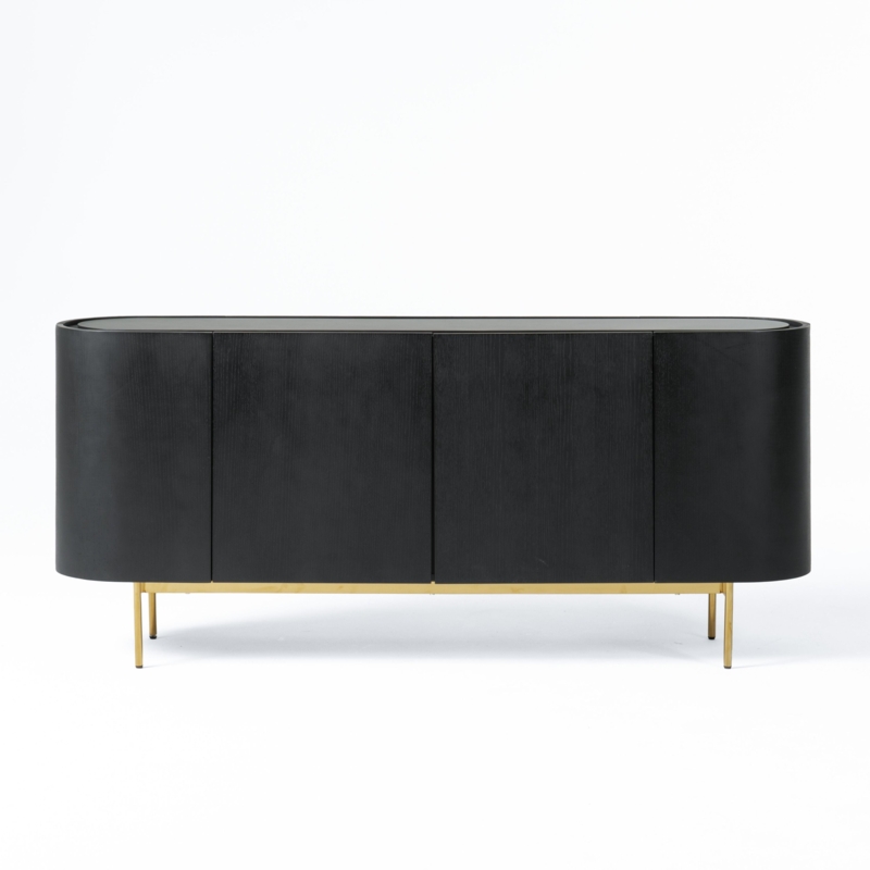 Pill-Shaped Buffet with Black Wood Grain and Gold Legs