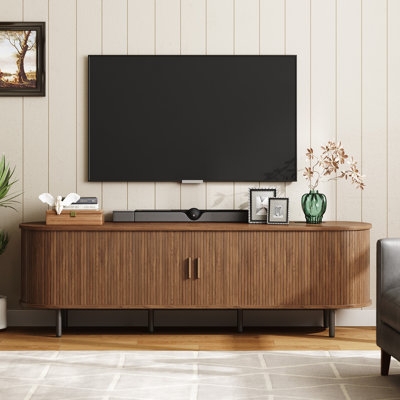 Pill-Shaped Media Console with Ribbed Wood Surface and Tapered Legs