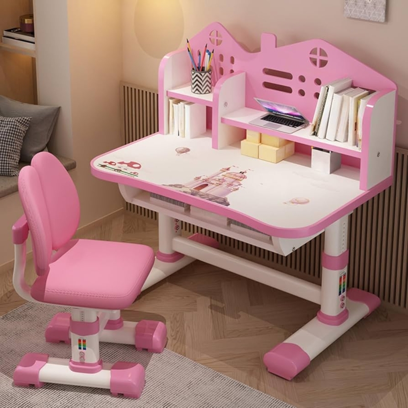Pink House Kids Desk Set Illustrated Desktop Split Back Adjustable